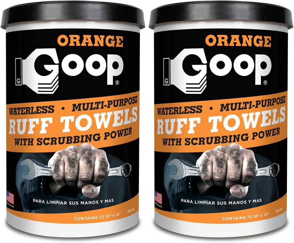 GOOP Orange Heavy Duty Ruff Towels with Scrubbing Power, 10” x 12” Dual Textured Multi-Purpose Cleaning Wipes, Removes Dirt, Grease, Oil, 72 Count (Pack of 2)