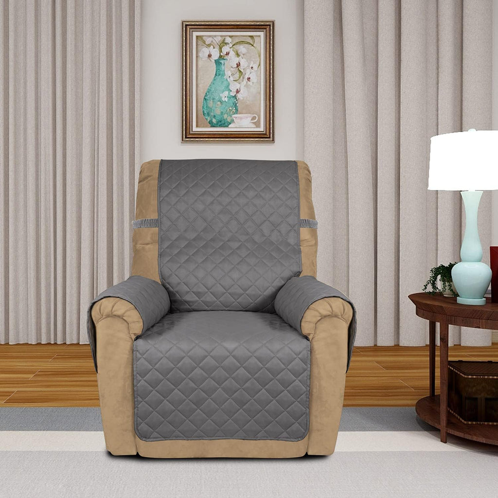 PureFit Reversible Quilted Sofa Cover, Water Resistant Slipcover Furniture Protector, Washable Couch Cover with Non Slip and Elastic Straps for Kids, Dogs, Pets (Small Recliner, Gray/Gray)