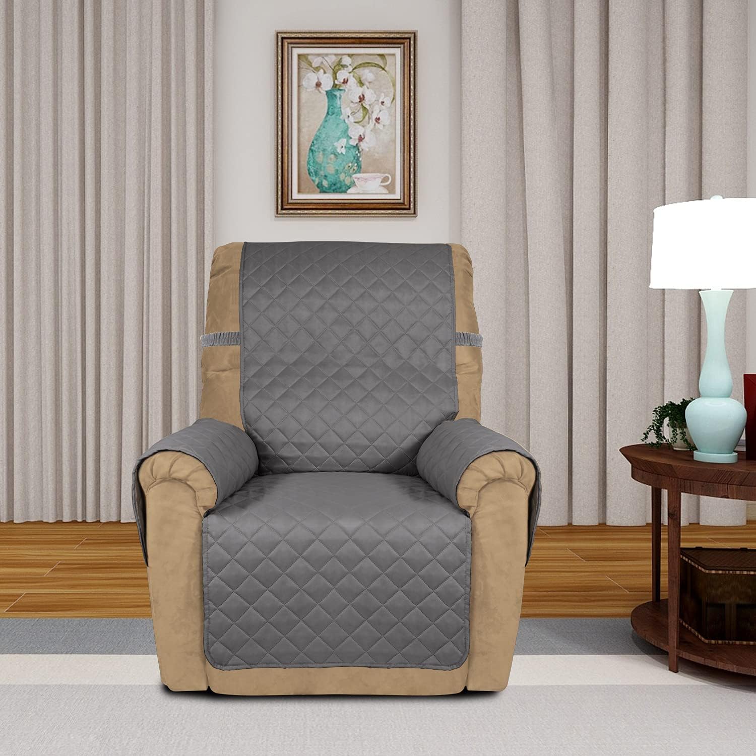 PureFit Reversible Quilted Sofa Cover, Water Resistant Slipcover Furniture Protector, Washable Couch Cover with Non Slip and Elastic Straps for Kids, Dogs, Pets (Small Recliner, Gray/Gray)