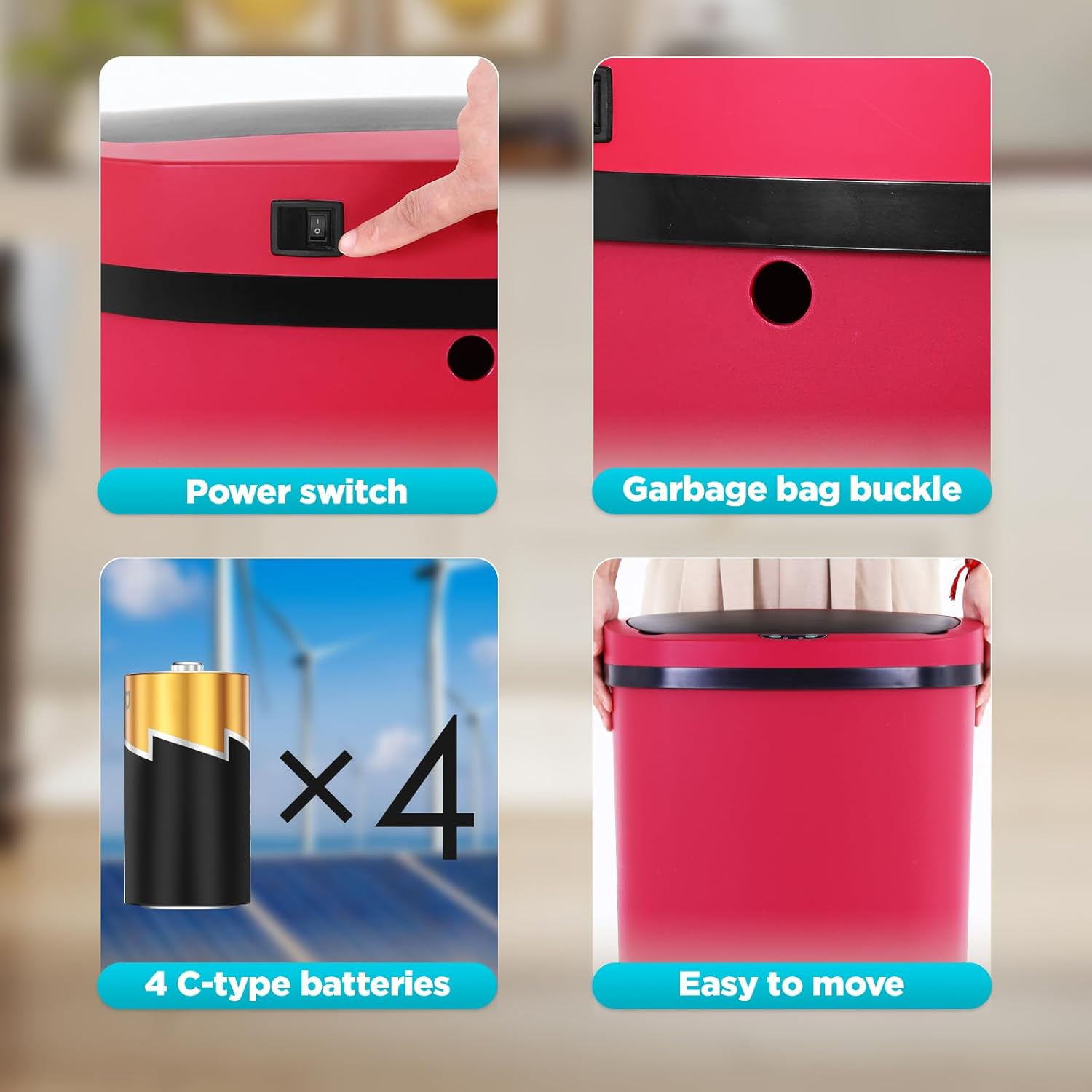 Automatic Motion Sensor Bathroom Trash Can with Lid, 13 Gallon Touchless Trash Bin, Smart Dog Proof Garbage Can, Touch Free Waste Basket for Toilet, Office, Bedroom,Red,2