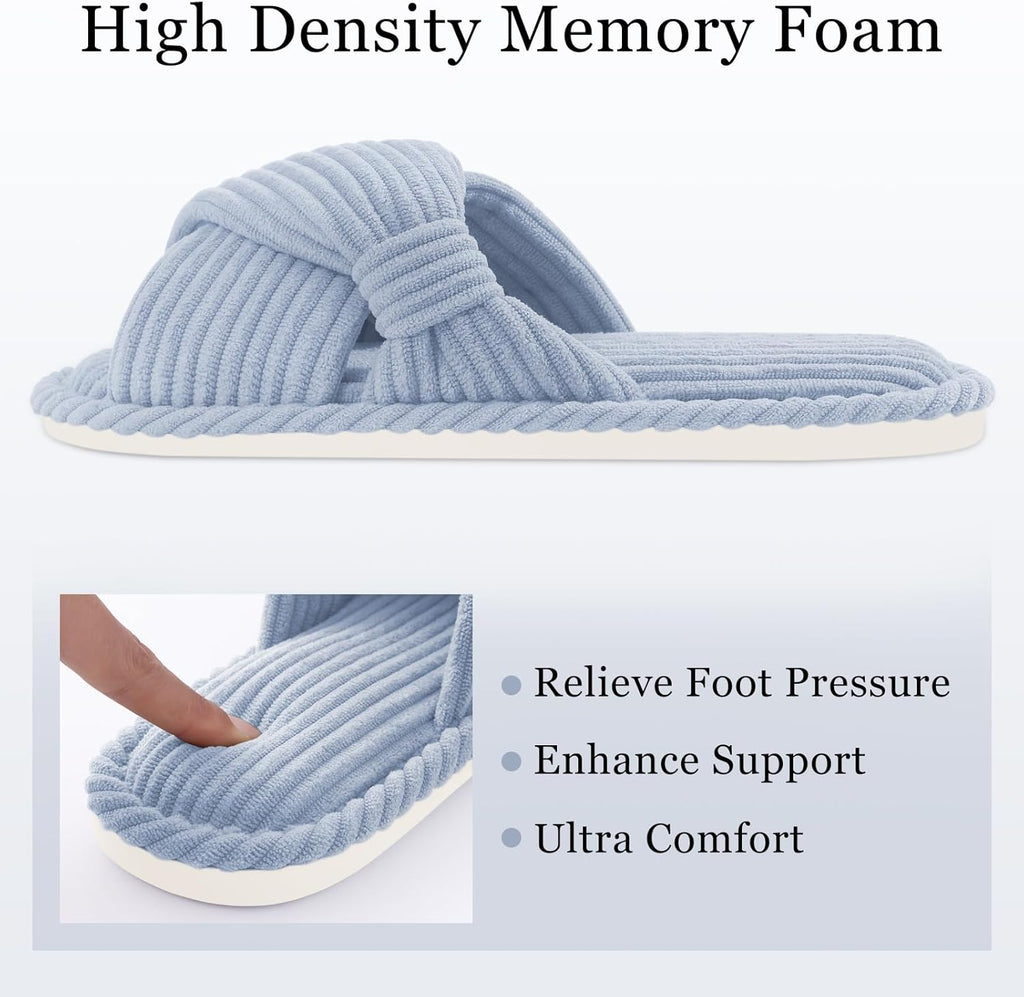 Evshine Summer House Slippers for Women Corduroy Cross Bow Indoor Slippers Open Toe Slip On Bedroom Shoes with Memory Foam