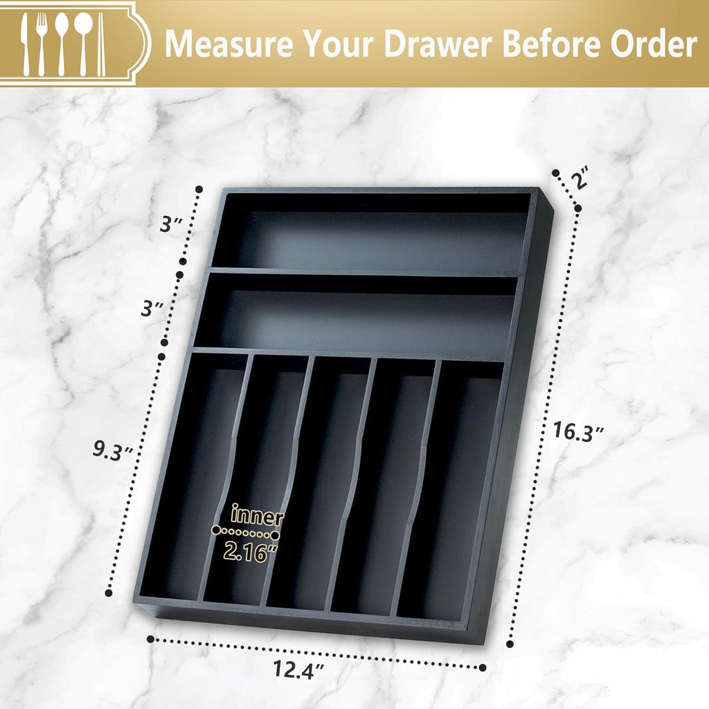 Silverware Organizer, 12.5 Inch Utensil Organizer Kitchen Drawer Organizer Bamboo Silverware Holder Cutlery Tray Organizer in Drawer Flatware Organizer Tray(7 slots, Black）