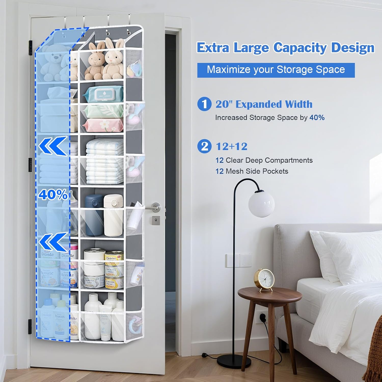 Univivi Over the Door Organizer 6 Tiers, Extra Large Door Hanging Organizer with Clear Deep Pockets Over the Door Storage for Closet, Bedroom, Nursery, Bathroom and Pantry (Grey)
