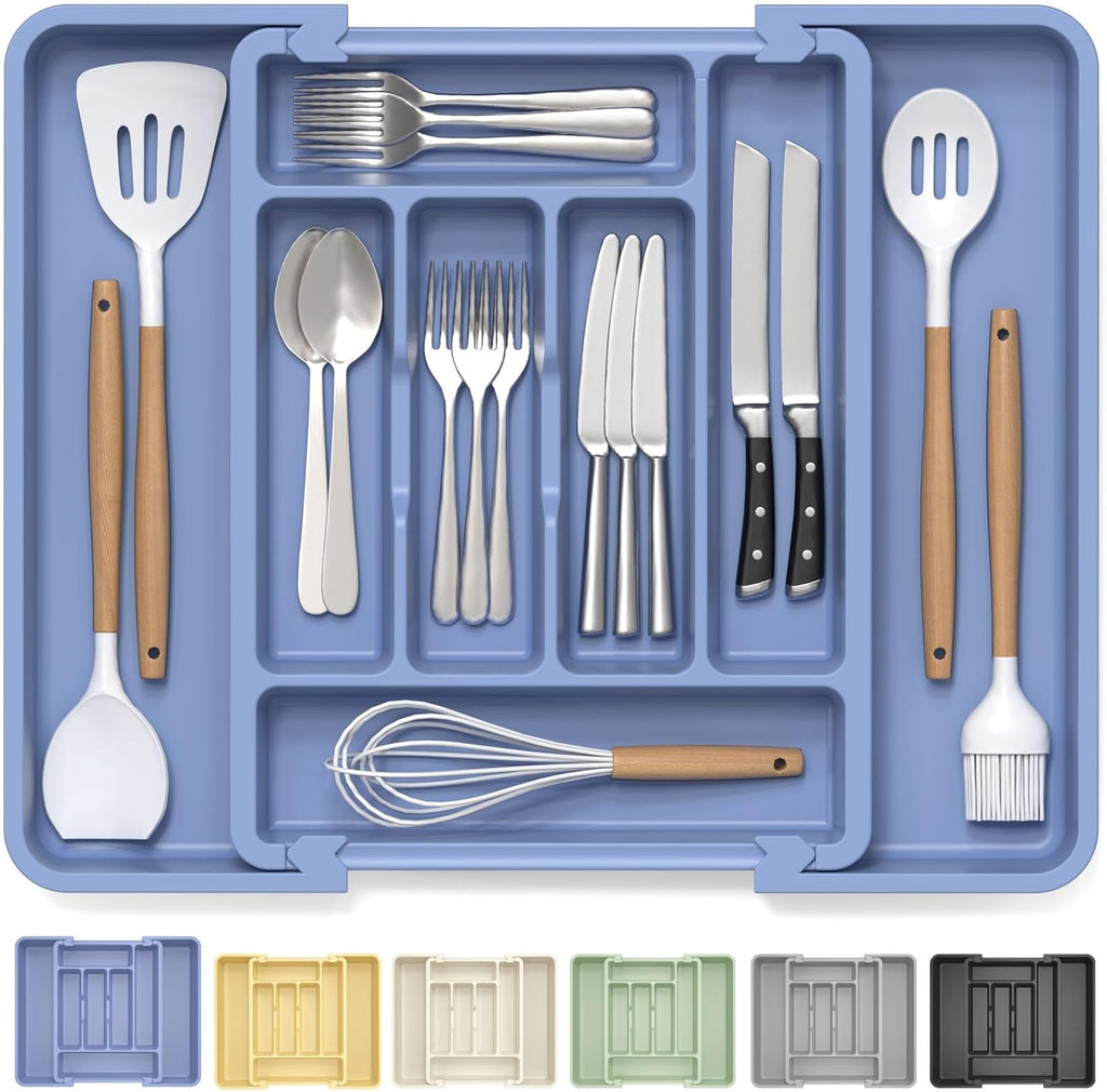 Caperci Large Silverware Organizer for Kitchen Drawer & Utensils - Expandable Drawer Organizer for Cutlery, Flatware & Gadget, BPA-Free Thick Plastic, Wider Compartments & Non-skid Feet (Breezy Blue)