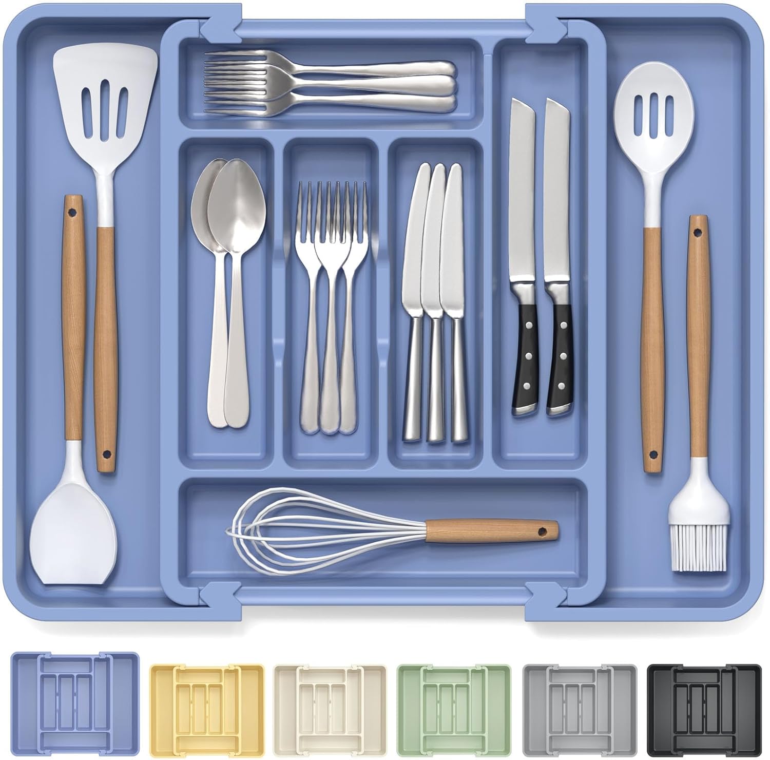 Caperci Large Silverware Organizer for Kitchen Drawer & Utensils - Expandable Drawer Organizer for Cutlery, Flatware & Gadget, BPA-Free Thick Plastic, Wider Compartments & Non-skid Feet (Breezy Blue)