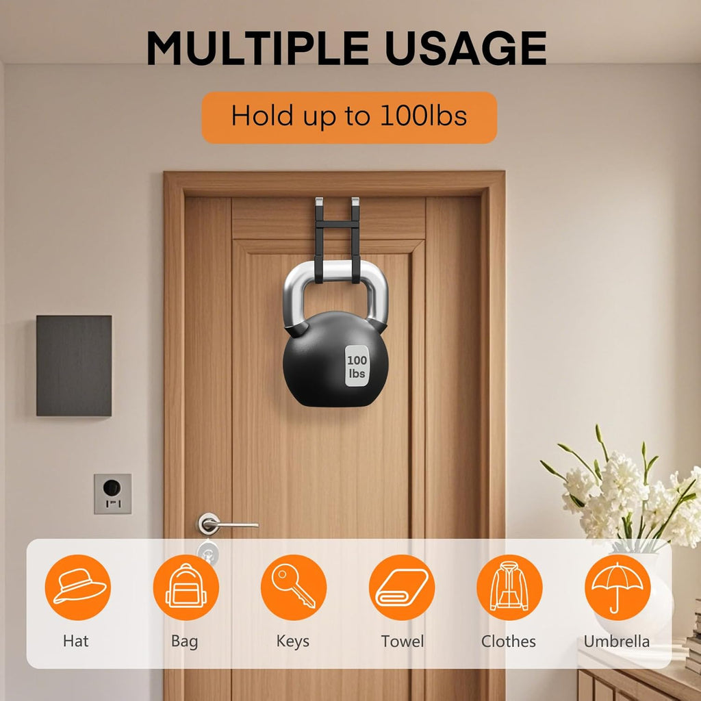FYY Over The Door Hooks - 4 Pack Heavy Duty Dual-Hook Organizer Hanger with Non-Slip Rubber for Towels, Clothes, Hats & Bags Use in Bathroom, Bedroom, Kitchen - Fits Interior Doors Up to 1 3/8" Black