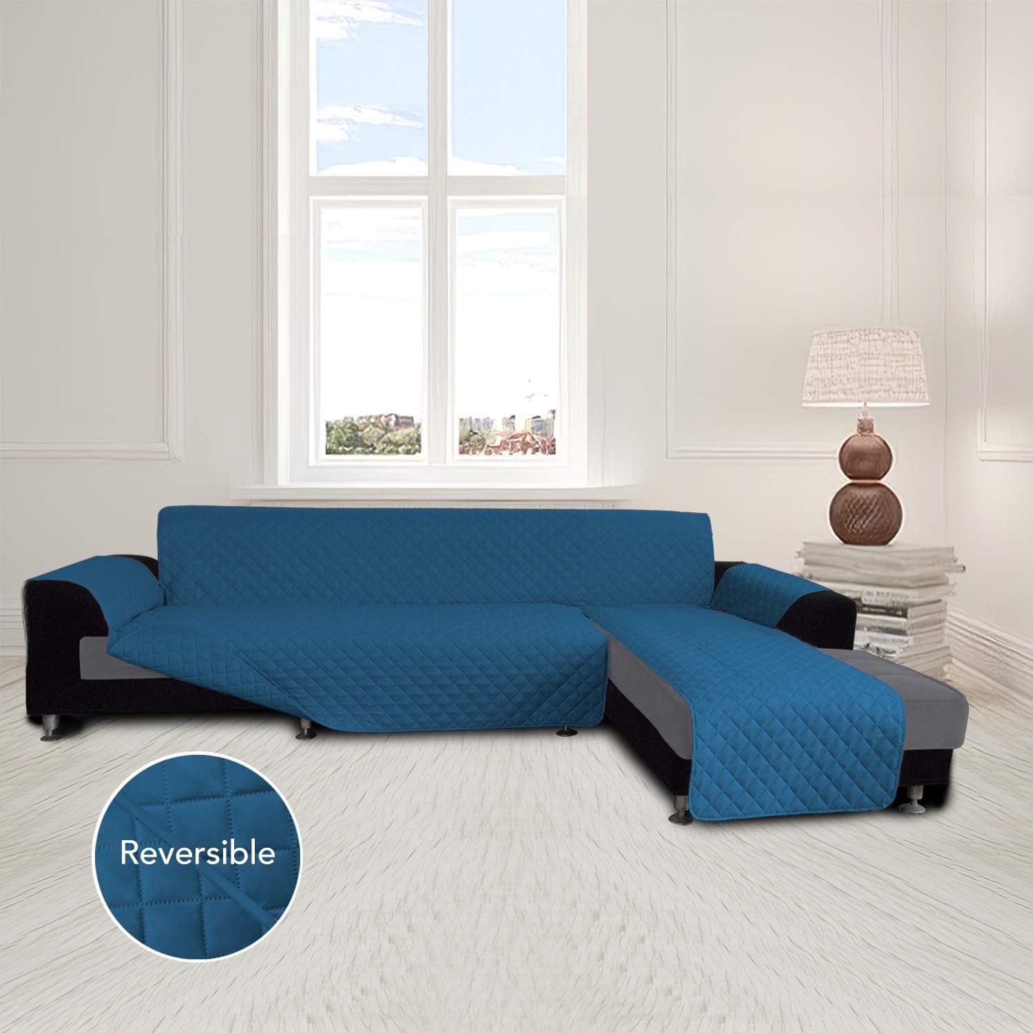 Easy-Going L Shape Sofa Slipcover - Reversible Sectional Couch Cover - Chaise Lounge Slip Cover - Furniture Protector - Peacock Blue