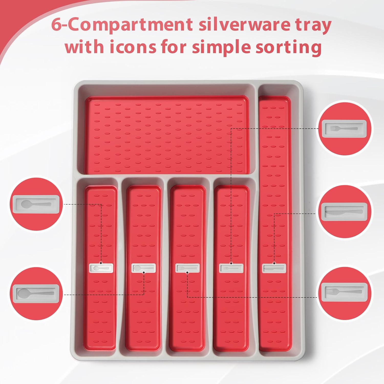 Silverware Organizer with Cutlery Icons，Silverware Tray for Kitchen Drawer，Plastic Flatware Tableware Cultery Drawer Organizer Utensil Organizer with Non-slip TPR Linings，6-Compartment