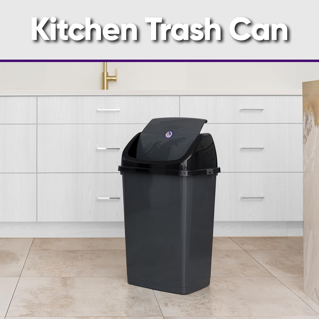 Superio 13 Gallon Plastic Swing Lid Trash Can, Grey/Black 2 Pack, Ideal for Home, Office, Garage, Patio, and Outdoor Use