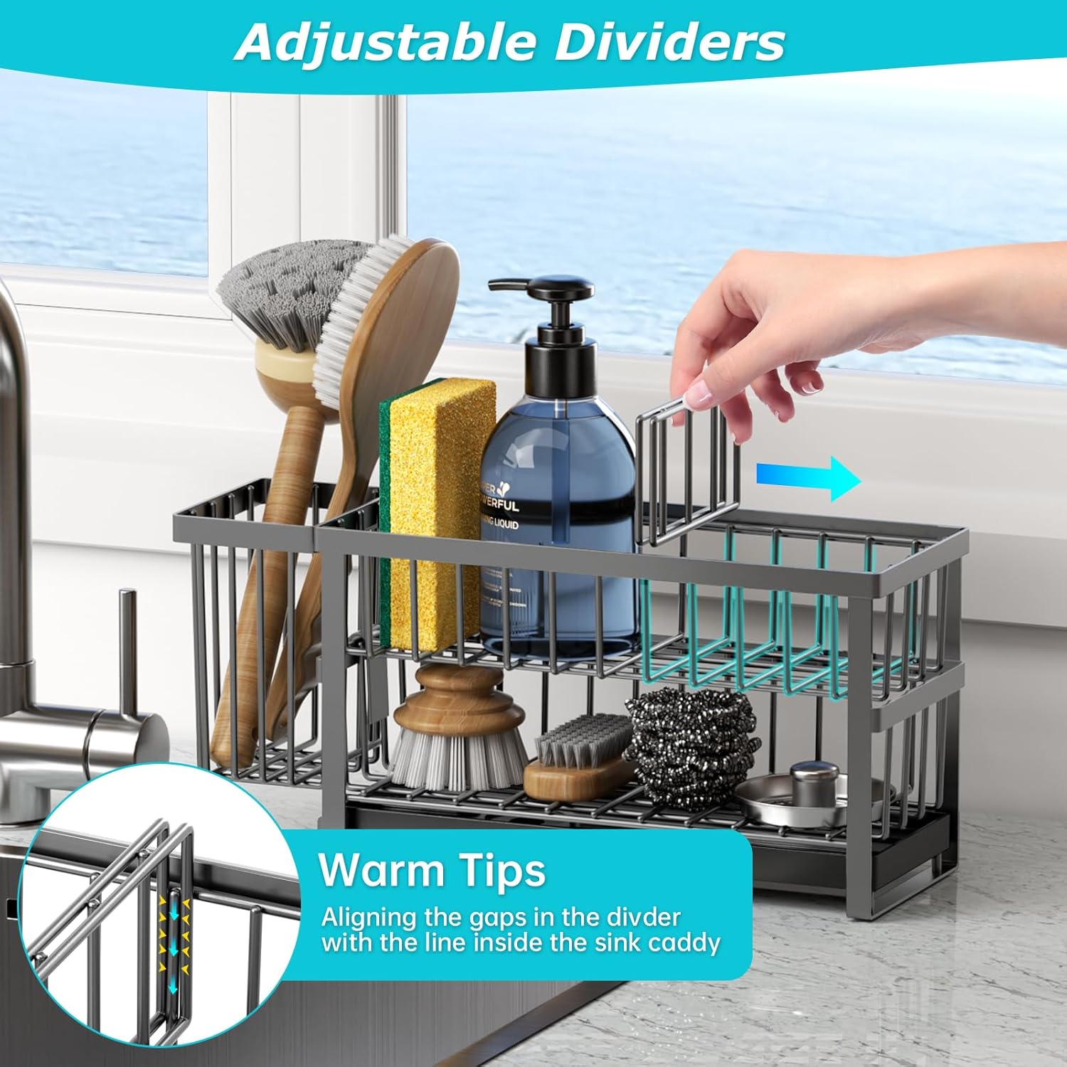 Sponge Holder for Kitchen Sink, 2 Tier Sink Caddy Organizer Countertop with Dish Brush Holder and 360° Drain Tray, Rustproof Stainless Steel Dish Soap Storage Rack Set for Accessories Grey
