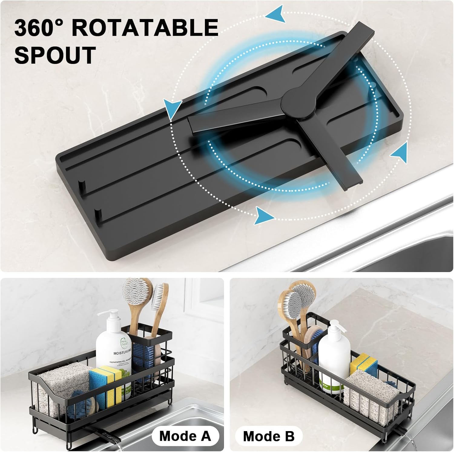 Sponge Holder for Kitchen Sink, Sink Caddy with High Brush Holder, Rustproof and Strong, anti slip, Self Draining spout is ideal, Keep Countertop Cleaning, Black