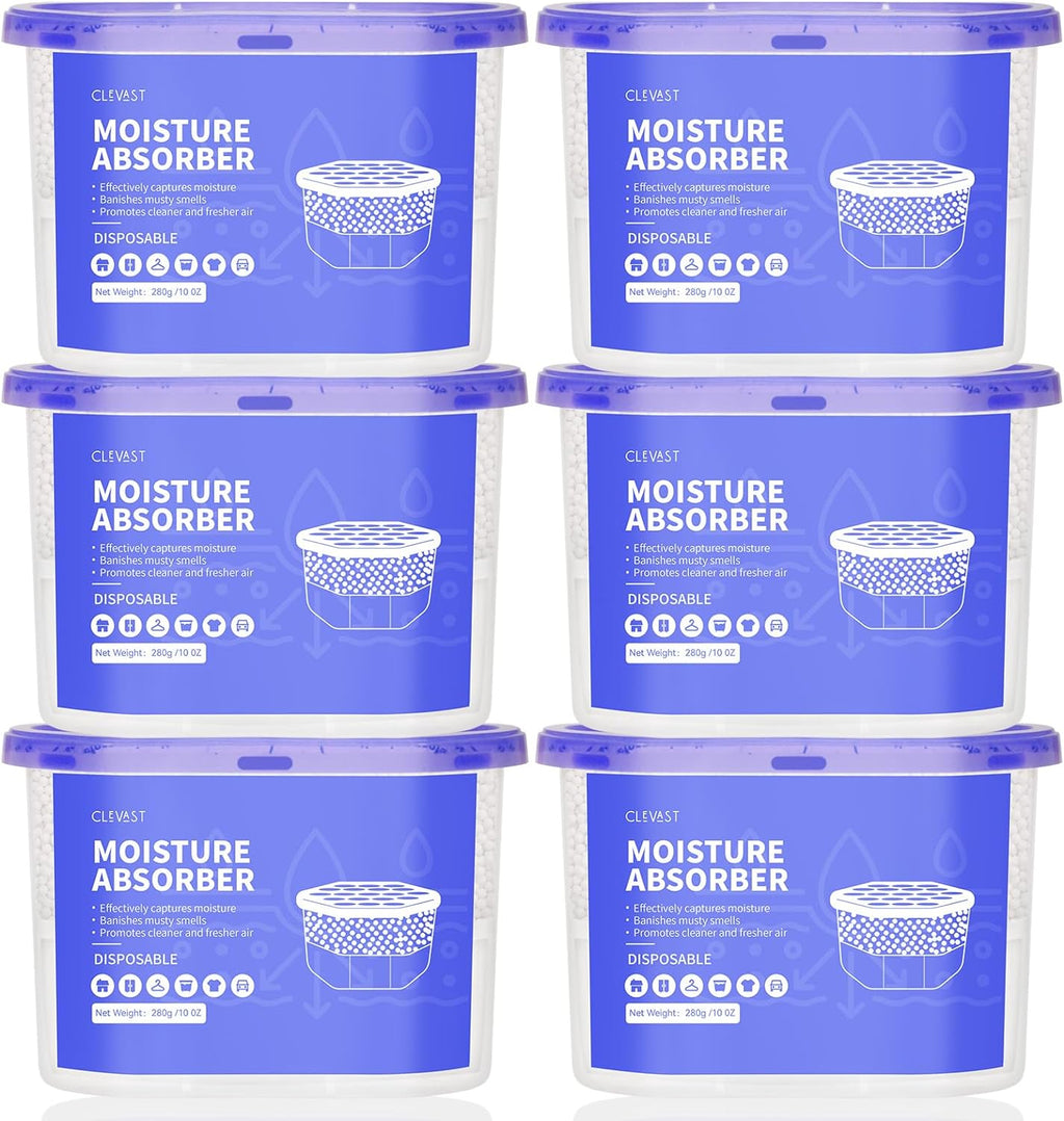 CLEVAST Moisture Absorbers Boxes, 10 OZ, 6 Pack, Dehumidifier Box for Closet, Unscented Hanging Humidity Absorber in Wardrobes, Bedrooms, Bathrooms, RV