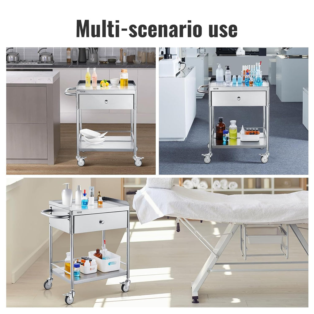 VEVOR Medical Cart, 2-Layer Stainless Steel Cart 220 lbs Weight Capacity, Lab Utility Cart with 360° Silent Wheels and a Drawer for Lab, Clinic, Kitchen, Salon, 141002