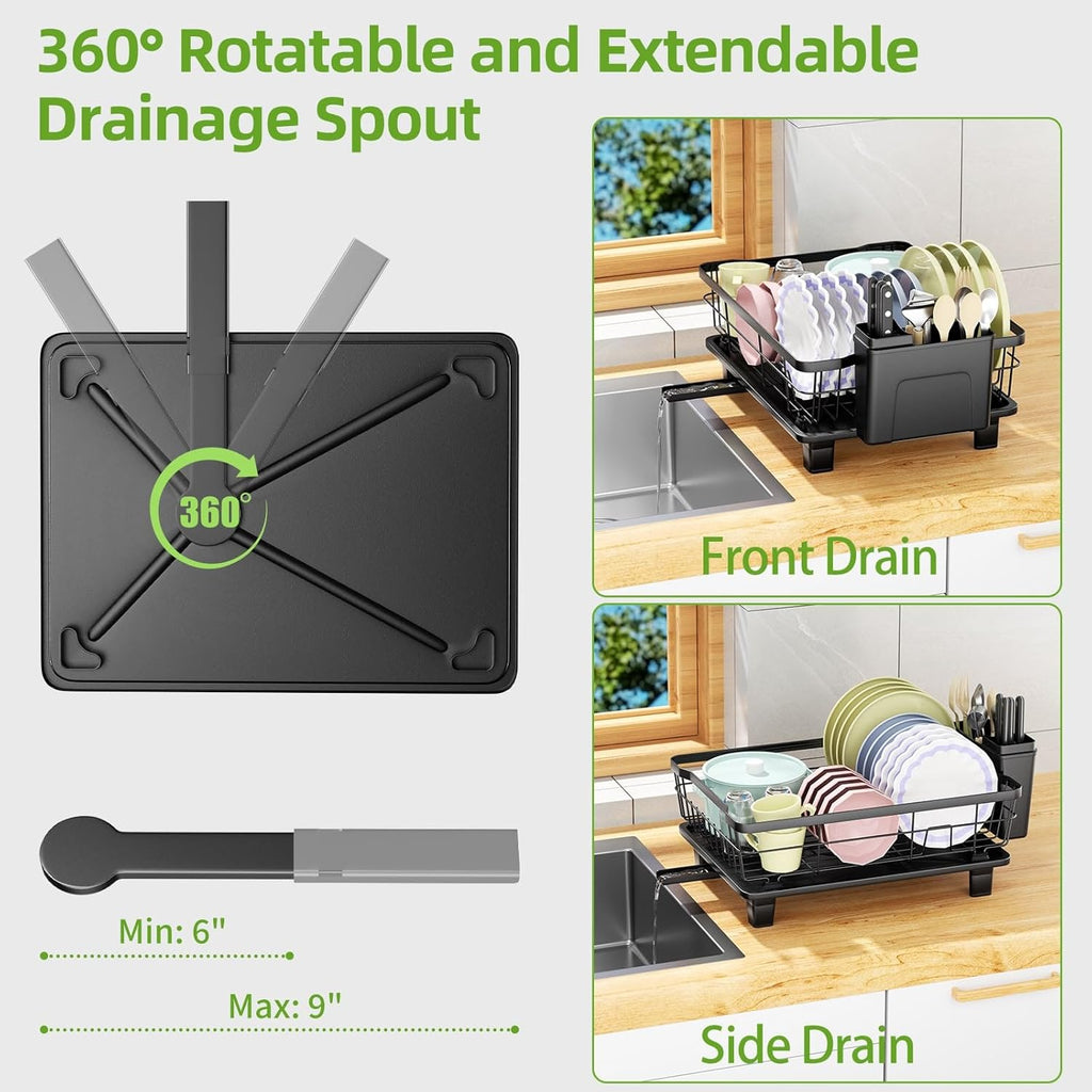 Dish Drying Rack with Drainboard for Kitchen Counter, Large Capacity Durable Rustproof Stainless Steel Dish Drainer Rack with Removable Flatware Caddy -Black