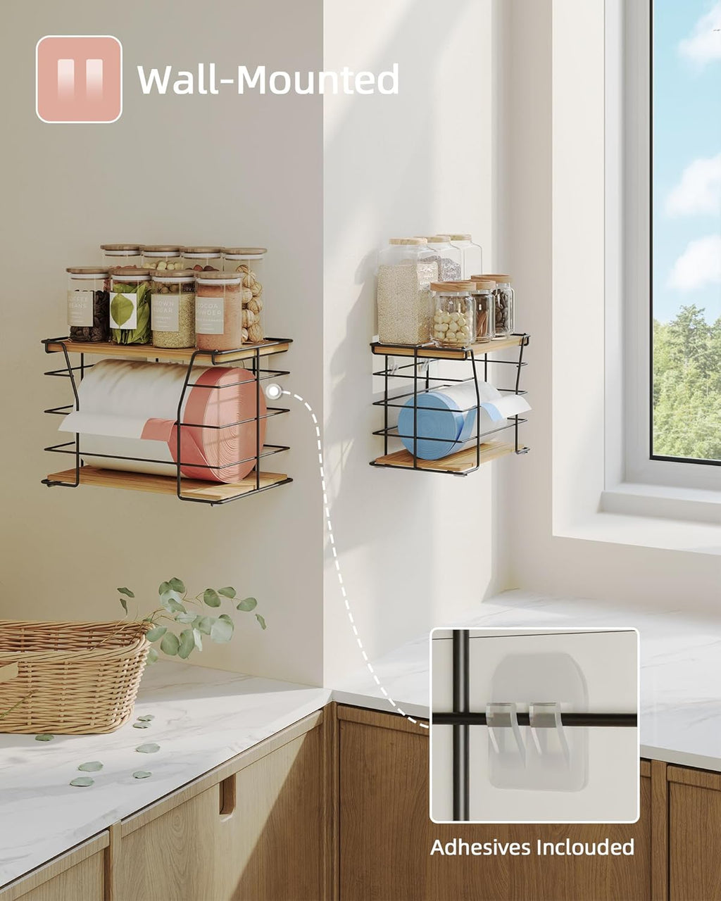 2 Pack Trash Bag Holder/Dispenser, Stackable Storage Laundry Kitchen Organizers for Countertop Organization, Wall Mount Garbage Bag Dispenser with wooden Top, No Drill