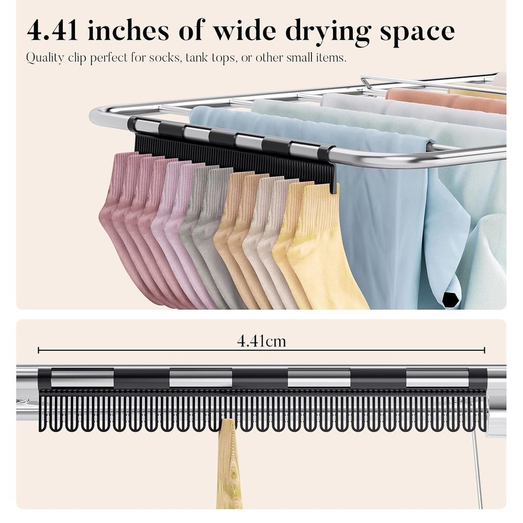 APEXCHASER Clothes Drying Rack with 4 Wings, Stainless Steel Drying Rack Clothing with Sock Clips, Metal Connectors, Height-Adjustable, Foldable Laundry Drying Rack, Indoor Outdoor Use, No Assembly