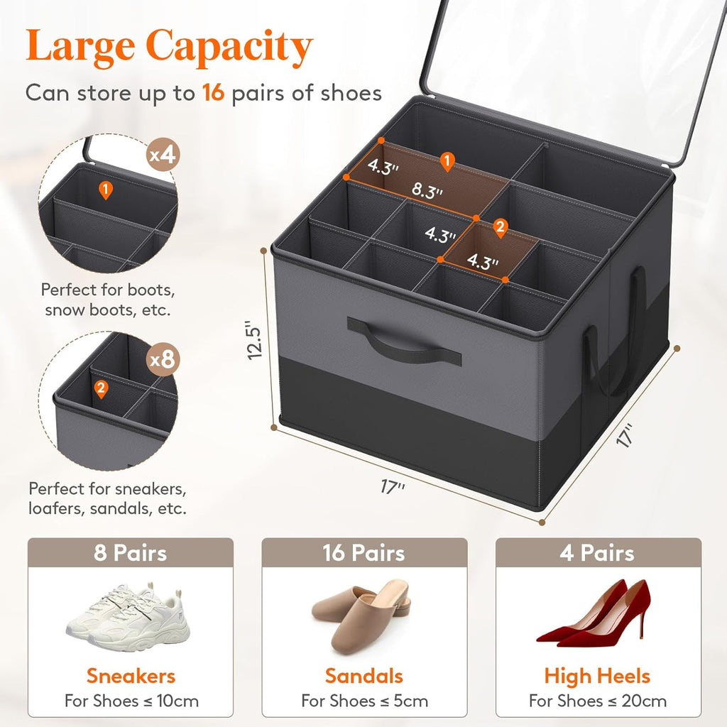 Lifewit Shoe Storage Organizer for Closet Fits 12-16 Pairs, Fabric Large Shoe Box Storage Containers with Clear Cover, Foldable Bins Fit for Boots Sneakers 17"(L) x 17"(W) x 12.5"(H) Gray and Black