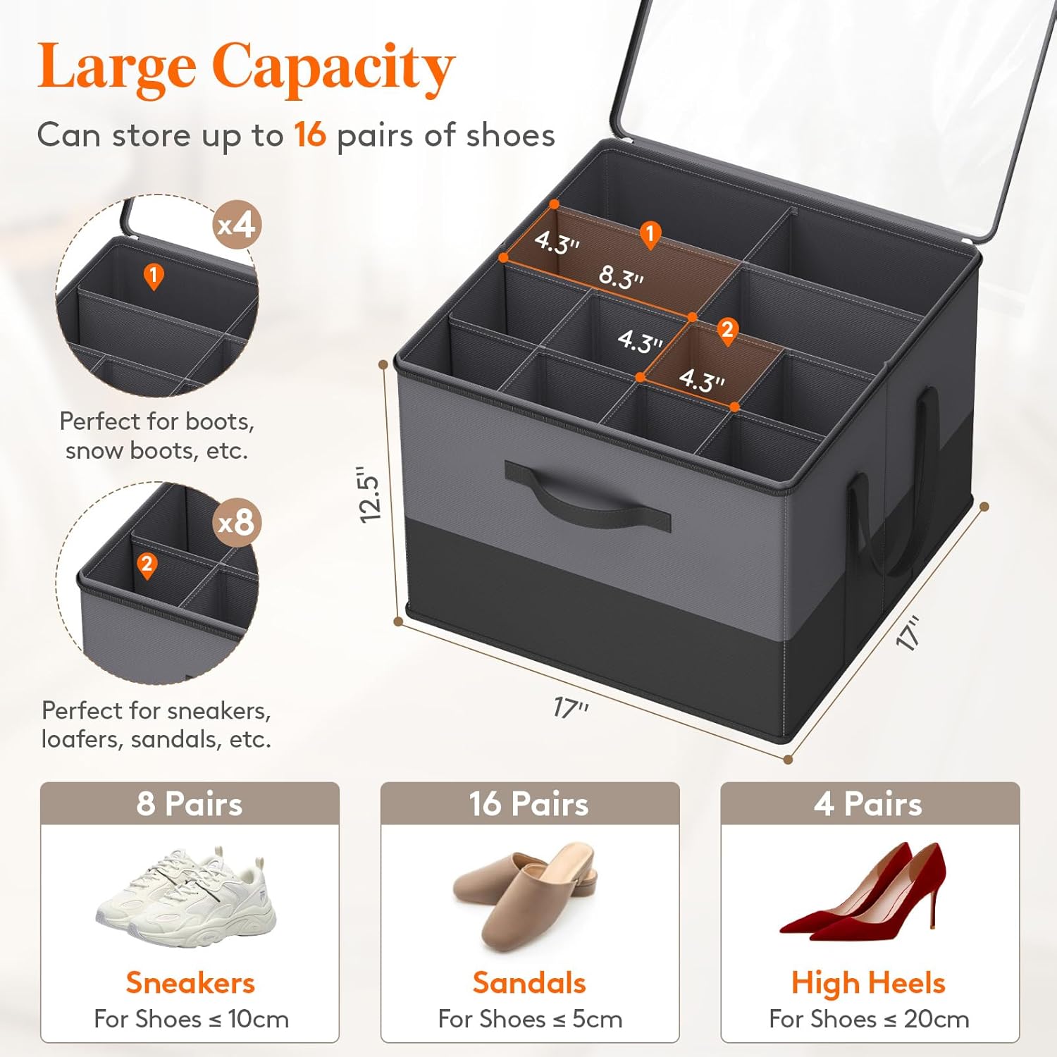 Lifewit Shoe Storage Organizer for Closet Fits 12-16 Pairs, Fabric Large Shoe Box Storage Containers with Clear Cover, Foldable Bins Fit for Boots Sneakers 17"(L) x 17"(W) x 12.5"(H) Gray and Black