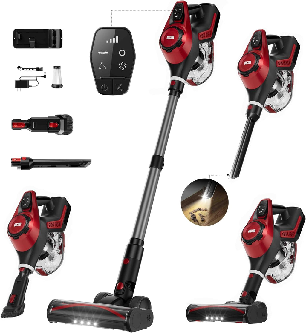 Cordless Vacuum Cleaner, 30Kpa Home Stick Vacuum, Smart Display & 1.5L Dust Cup, 55mins Max Runtime, Rechargeable Lightweight Handheld Vavuum for Pet Hair/Carpet/Hardwood Floor/Car (Red)