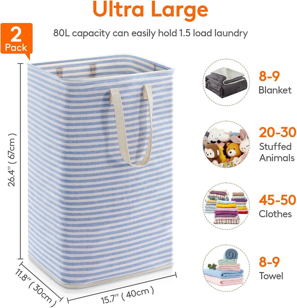 Lifewit 2 Pack Laundry Hamper Large Collapsible Laundry Baskets, Freestanding Waterproof Clothes Hamper with Easy Carry Handles in Laundry Room Bedroom Bathroom College Dorm for Adults, Blue, 2 x 80L