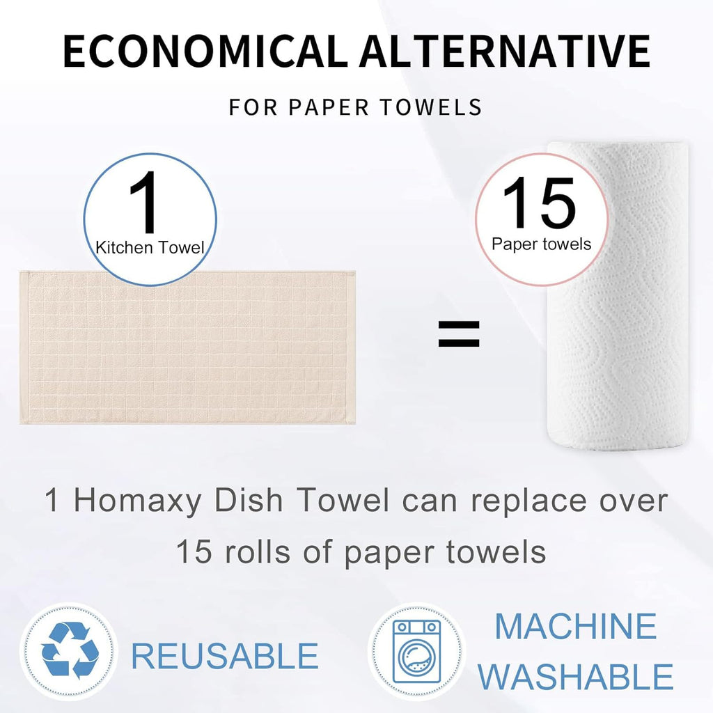 Homaxy 100% Cotton Terry Kitchen Towels(Beige, 13 x 28 inches), Checkered Designed, Soft and Super Absorbent Dish Towels, 6 Pack