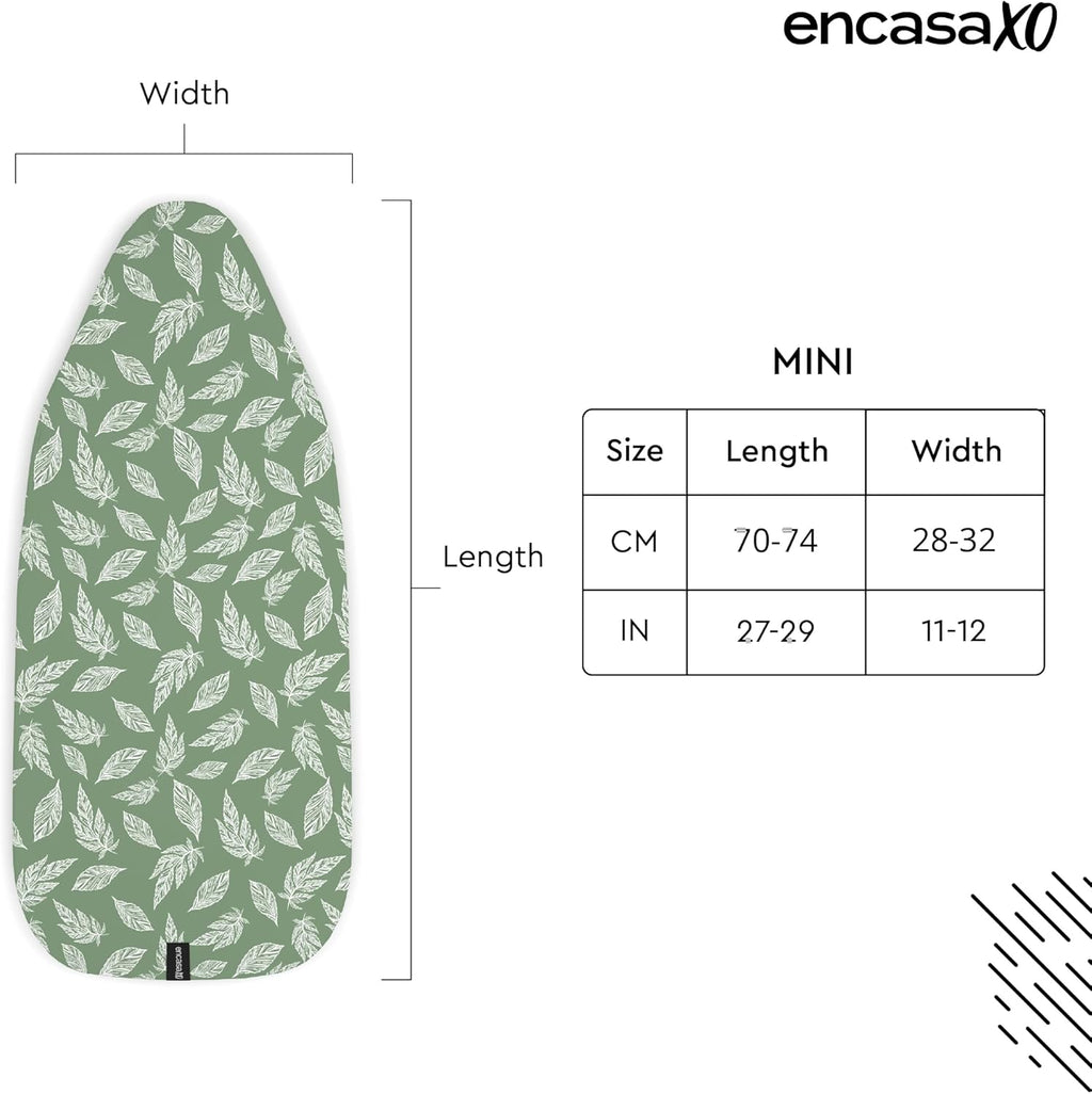 Encasa XO Ironing Board Cover and Pad 28"x12" - Thick 3mm Felt Padding, Drawstring Tightening & Lock, Easy Fit, Scorch & Stain Resistant, Fits Mini Ironing Board - Big Leaves Green