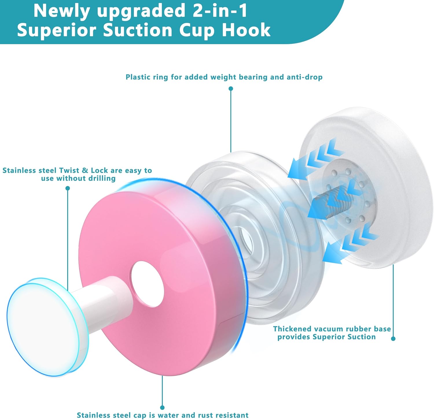 Suction Cup Hooks for Shower,Removable No Drill Towel Hooks,Upgraded 15 lbs Strong Suction hooks for Bathroom Tile,Shower Wall,Glass Door,Kitchen-Loofah,Coat,Stainless Waterproof-Pink White 2 Pcs
