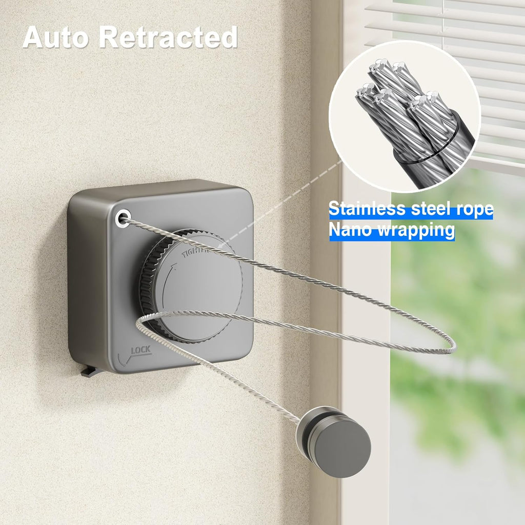 Retractable Clothesline Indoor, Non-Sagging Outdoor Clothes Line Retracting Heavy Duty Clothes Drying Laundry Line Wall Mounted Stainless Steel Line-15.1 Feets(Square-Gray)