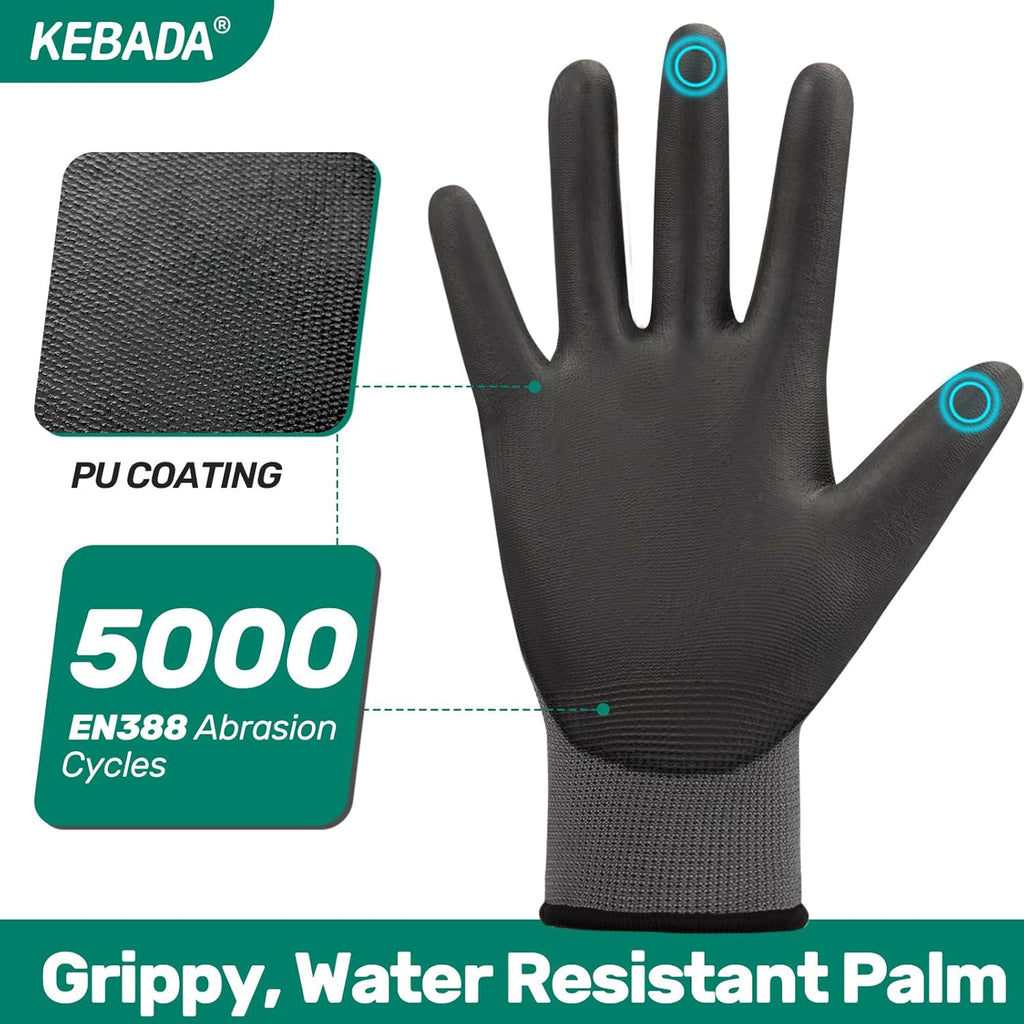 Kebada W1 Work Gloves for Men and Women, PU Coated Safety Gloves with Grip, Touchscreen, Ideal for Warehouse Package Handling, Construction, Gardening, 12 Pairs Gray Small