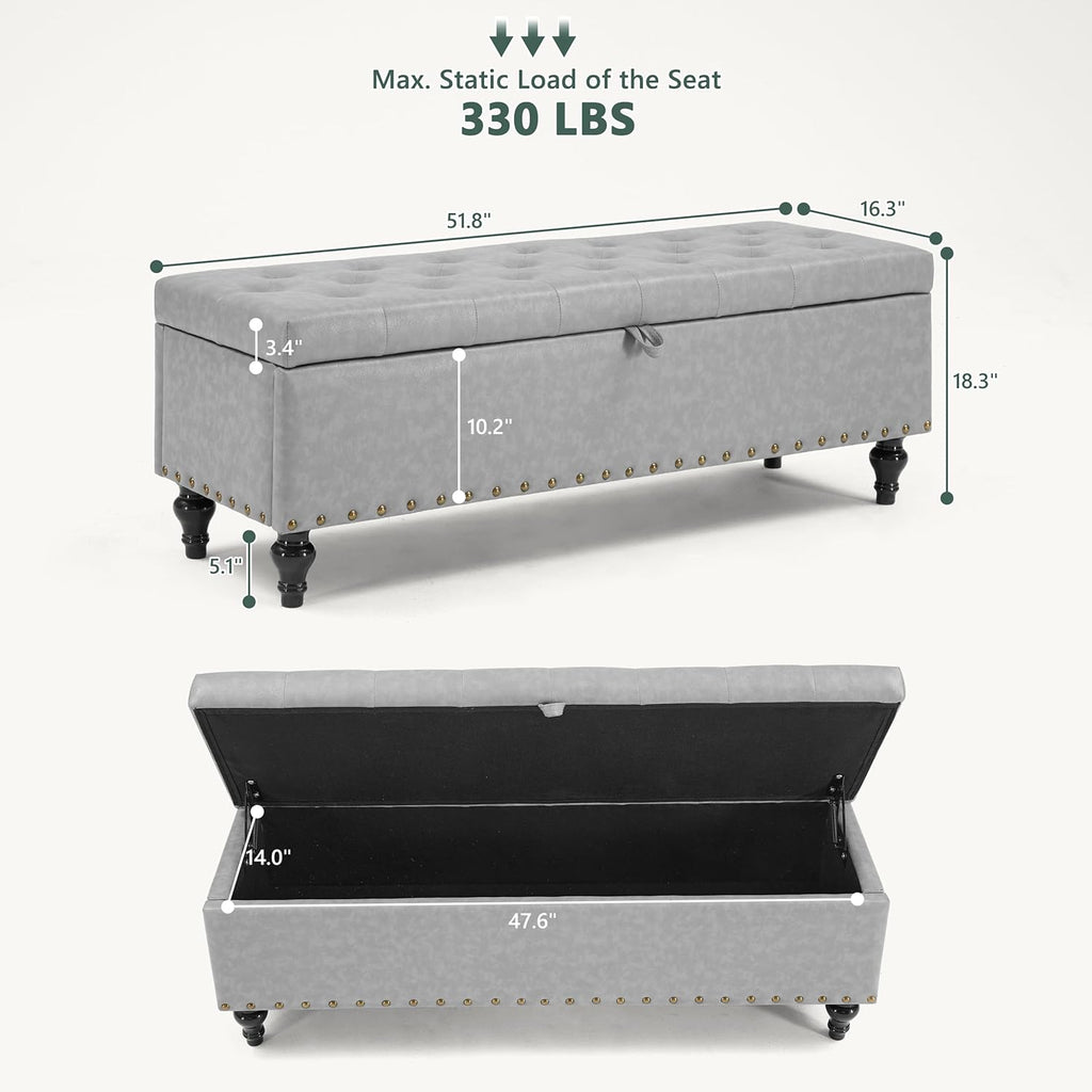 51.8’’ Storage Ottoman Bench, Faux Leather Ottoman with Storages, Window Benches Holds up to 330lbs, Upholstered Storage Bench for Bedroom, Living Room, Entryway and Family Room, Light Gray