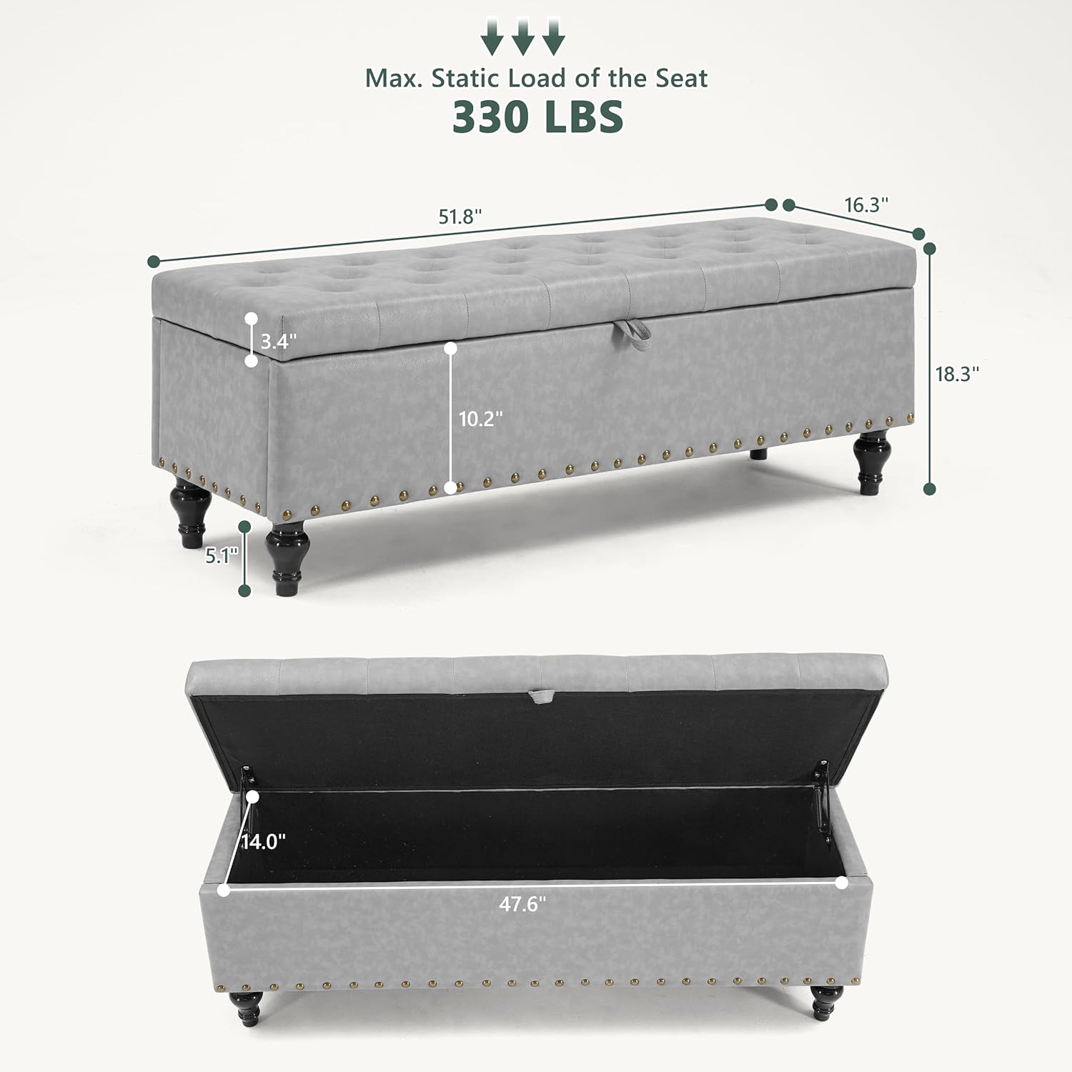 51.8’’ Storage Ottoman Bench, Faux Leather Ottoman with Storages, Window Benches Holds up to 330lbs, Upholstered Storage Bench for Bedroom, Living Room, Entryway and Family Room, Light Gray