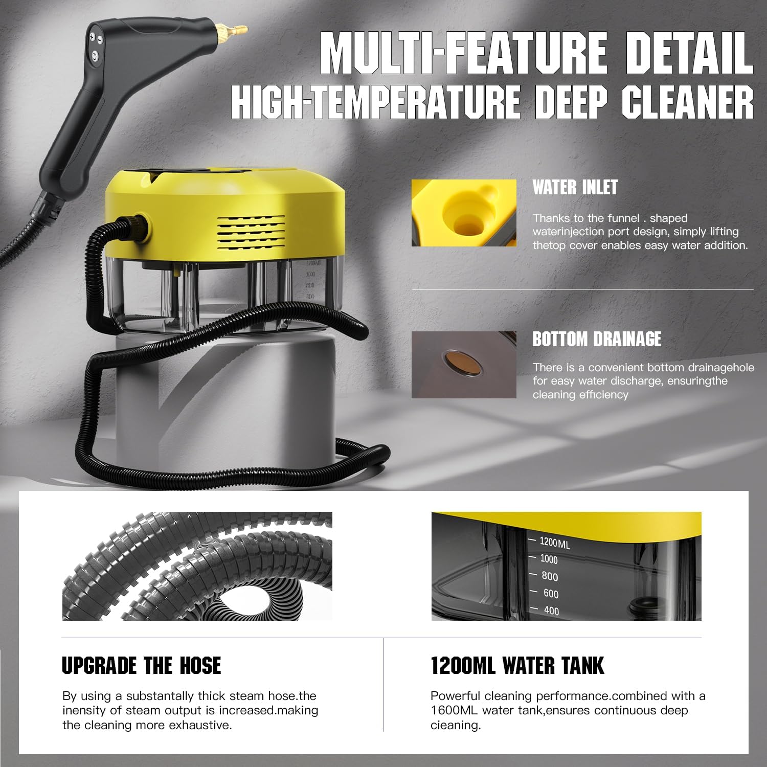 Steam Cleaner for Home＆Kitchen, 212°F High Temperature, 1200ML Tank, Portable Handheld Steam Cleaner for Car Carpet Detailing Window Floor Couch Grease Tile, Pressurized Steamer for Cleaning