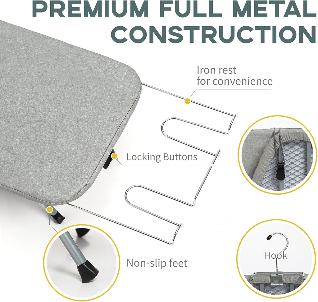 Metal Foldable Tabletop Ironing Board with Iron Rest, Portable Ironing Board Small with Heat Resistant Cotton Cover, RAINHOL Mini Iron Board for Small Space and Travel, 31"x12", Gray