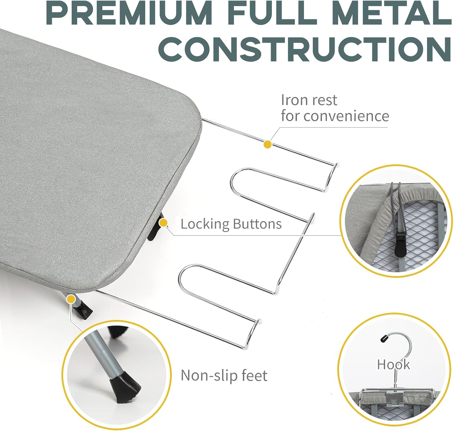 Metal Foldable Tabletop Ironing Board with Iron Rest, Portable Ironing Board Small with Heat Resistant Cotton Cover, RAINHOL Mini Iron Board for Small Space and Travel, 31"x12", Gray