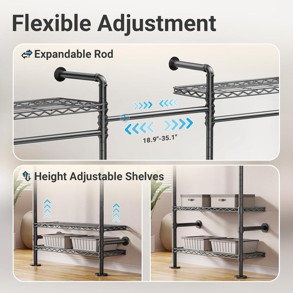 Timate F3 Garment Rack Heavy Duty Clothes Rack for Hanging Clothes, Expandable Industrial Pipe Wall Mounted Clothing Racks, Adjustable Storage Wardrobe Closet Kit Walk in Closet Systems, Black