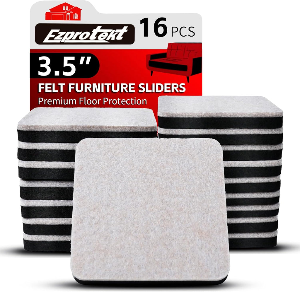 Ezprotekt 3.5" Felt Furniture Movers Sliders for Hardwood & Vinyl Floors, 16 Pcs Square Reusable Felt Furniture Moving Pads for Heavy Duty Sofa Bed Couch Cabinet, Move Items and Quickly (Beige)