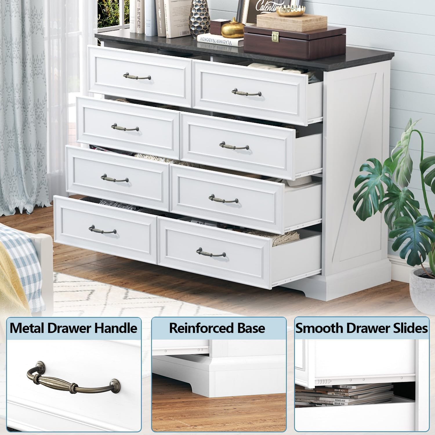 8 Drawer Dresser for Bedroom, 47" Wide Wooden Chest of Drawers, Rustic Farmhouse Dresser with Large Drawers & Metal Handles, Modern Storage Organizer for Closet, Living Room, Hallway, White