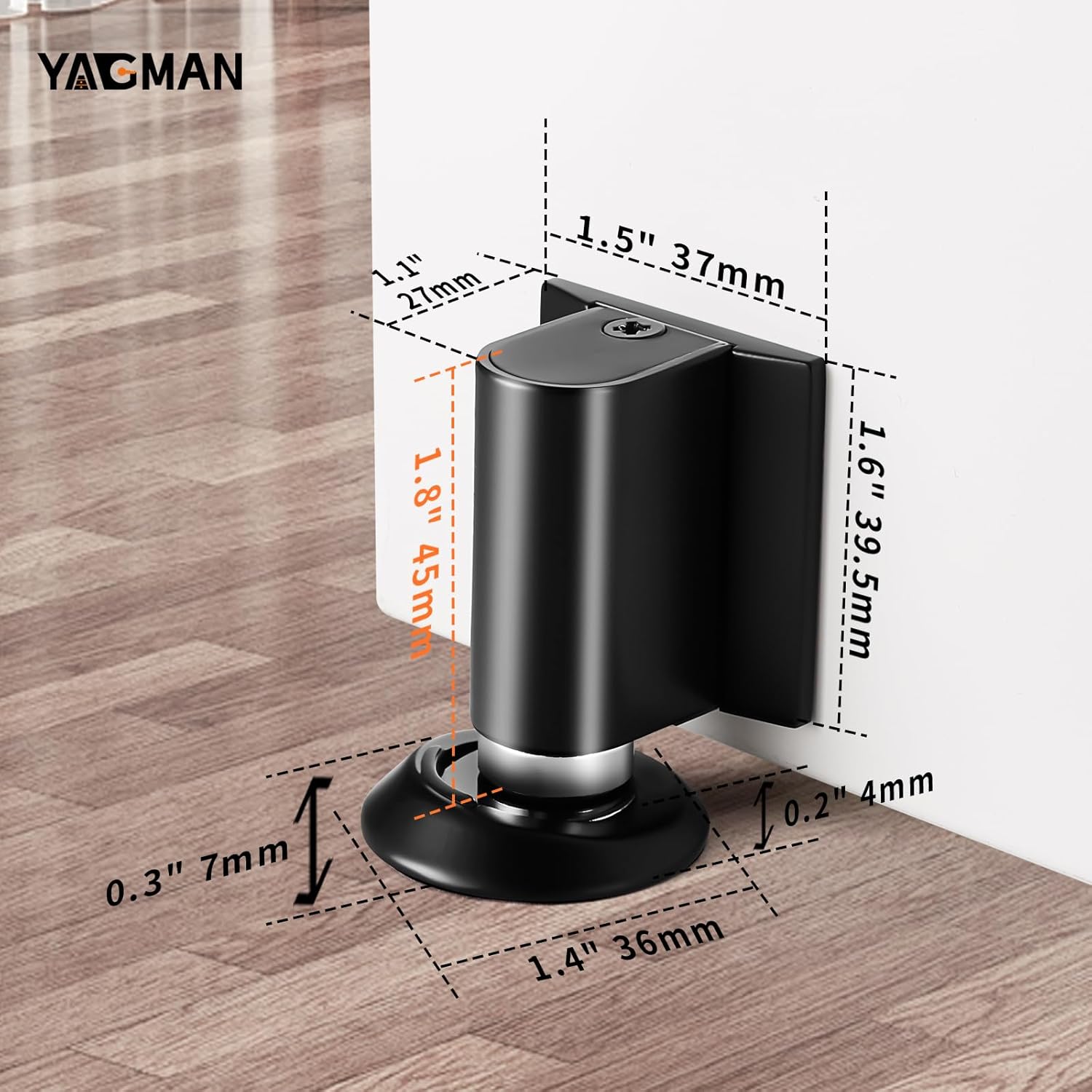 2 Pack Magnetic Door Stoppers Retractable Bottom of Door Holder No Drilling Mount Heavy Duty Floor Door Stop with Screws and Adhesive Catch Door Keep Door Open Matte Black MB-2