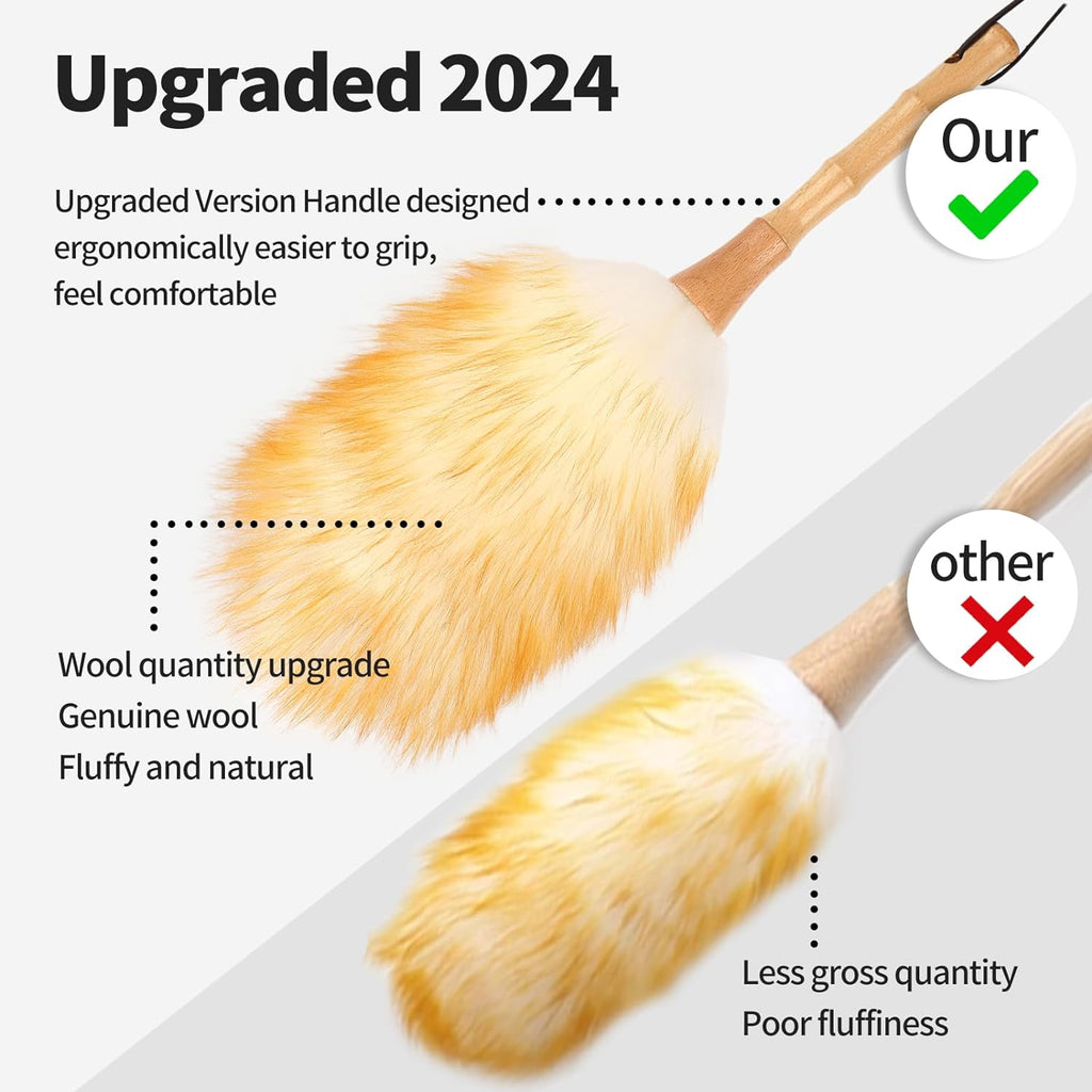 Feather Duster, Lambswool Duster for Cleaning,with Solid Wooden Handle,Leather Hang Strap,Anti-Static 14.9 inch Washable Reusable Small Hand Duster(Natural) for Office, Home and Car