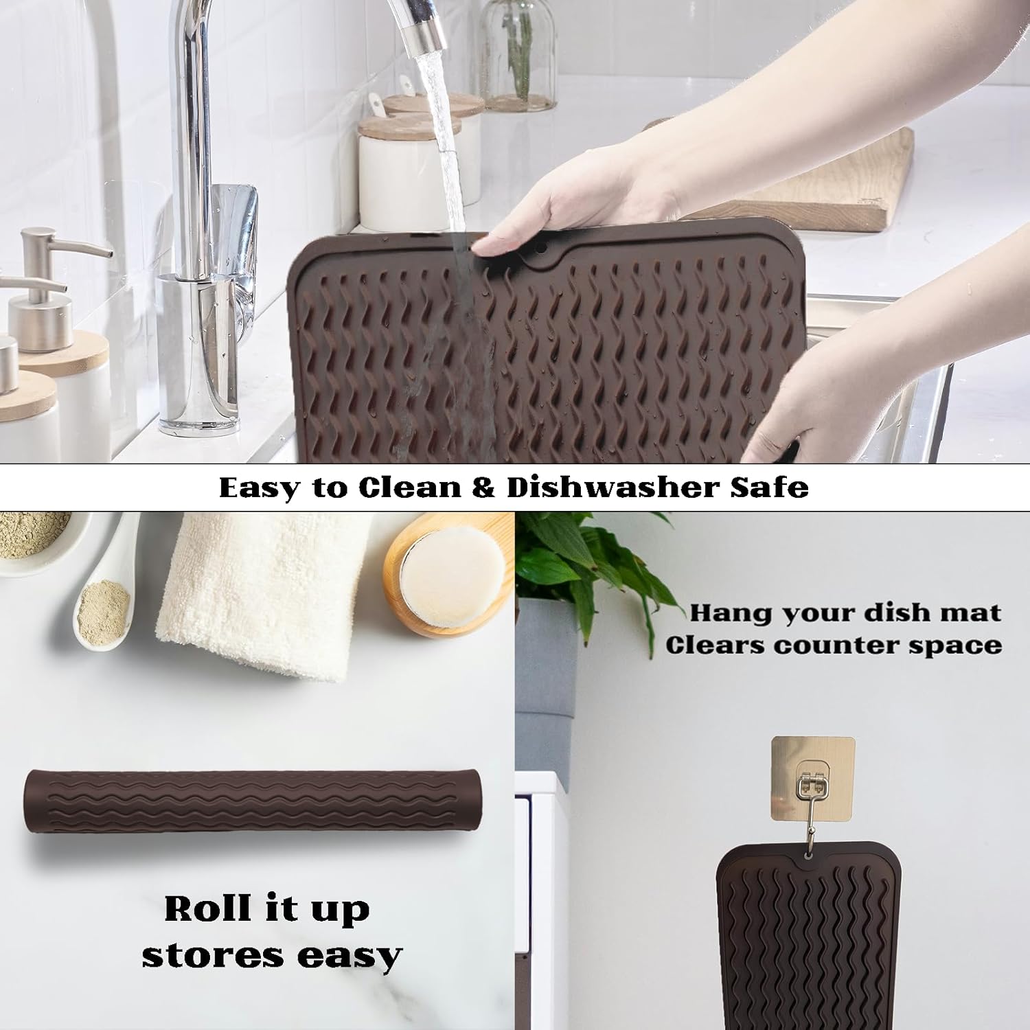ZLR Silicone Dish Drying Mat for Kitchen Counter, Eco-Friendly Fast Dry Dish Mat, Easy Clean Multi Usage Drying Matt, Heat Resistant Trivet, 12" x 16" Large, Coffee
