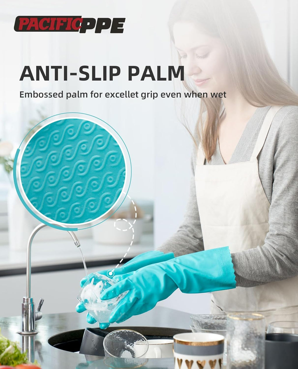 PACIFIC PPE Reusable Dishwashing Cleaning Rubber Gloves, Dish Washing Gloves with Flocked Cotton Liner, Kitchen, Latex Free, Green, Medium