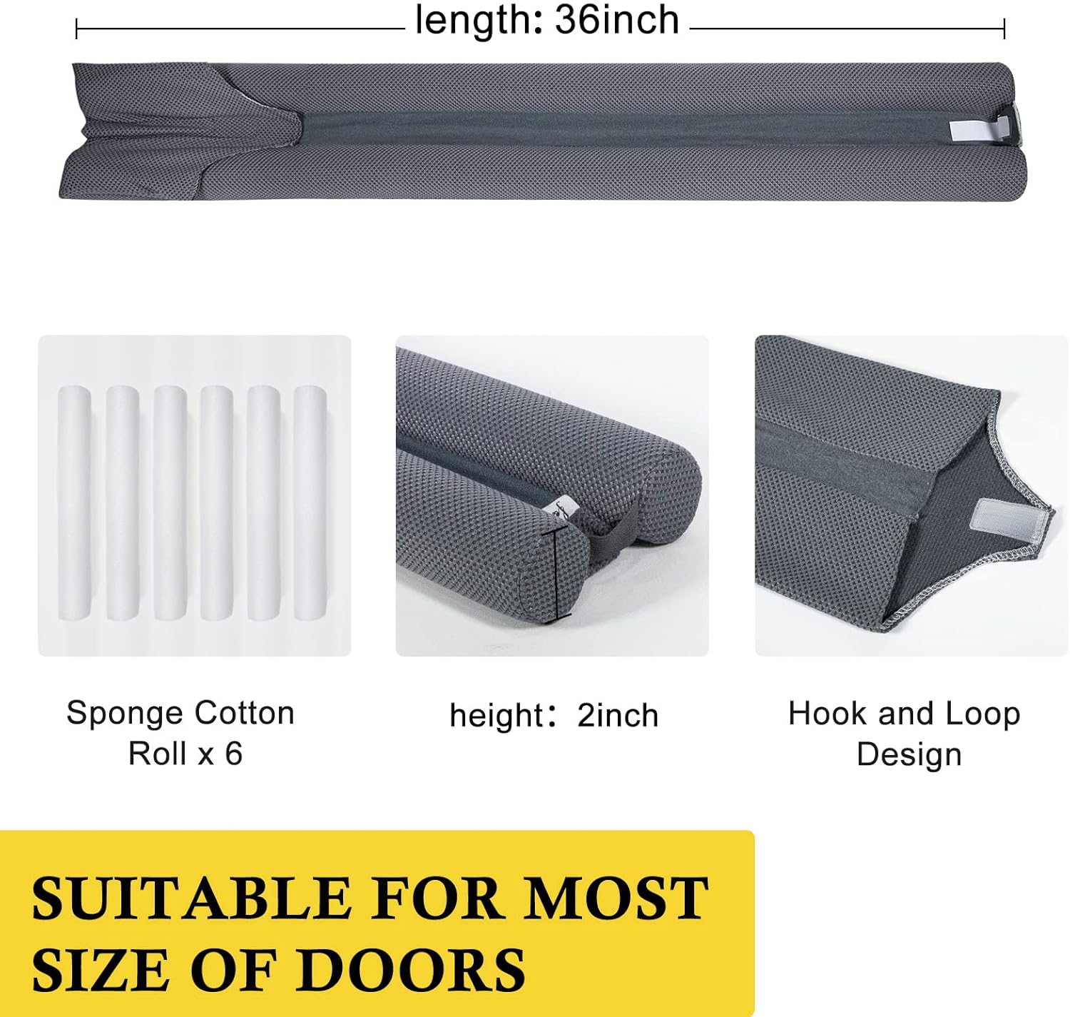 fowong 2 Pack Door Draft Stopper for Bottom of Door 36" Adjustable Noise Stopper, Soundproofing Draft Blocker Seal Large Gap, Grey