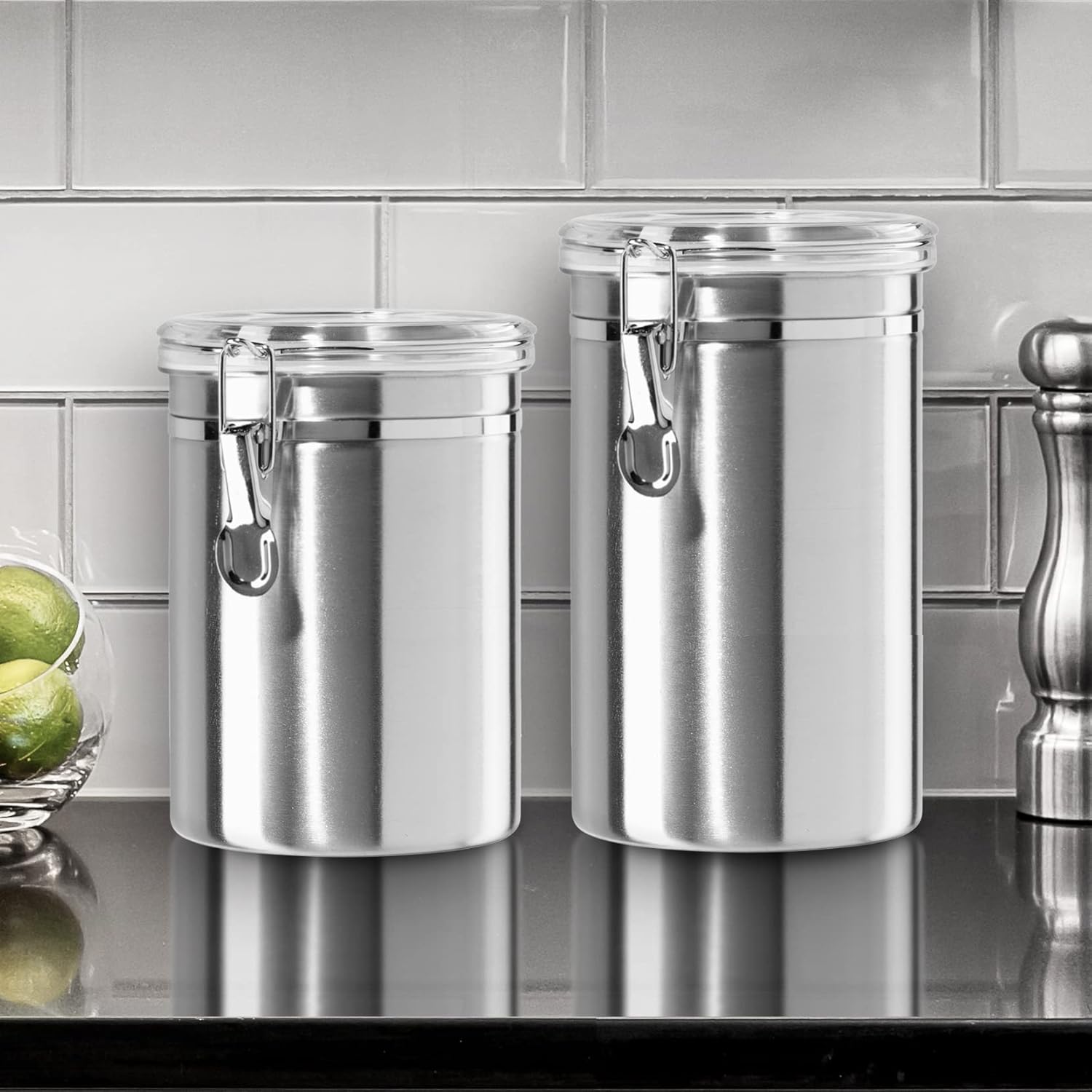 OGGI Stainless Steel Kitchen Canister 52 fl oz - Airtight Clamp Lid, Clear See-Thru Top - Ideal for Kitchen Storage, Food Storage, Pantry Storage. Large Size 5" x 6".