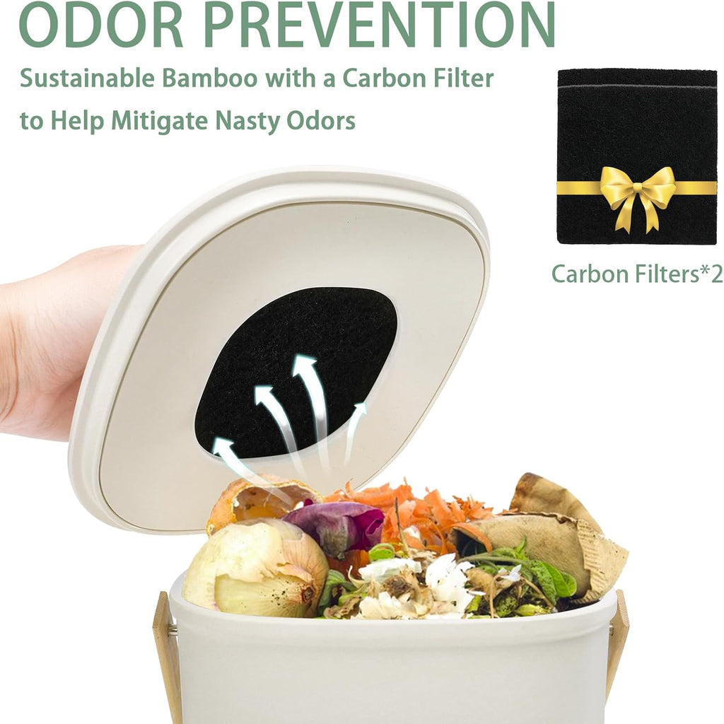 Vipush Bamboo Fiber Compost Bin with Lid Small Countertop Compost Bin Includes Charcoal Filter, Beige