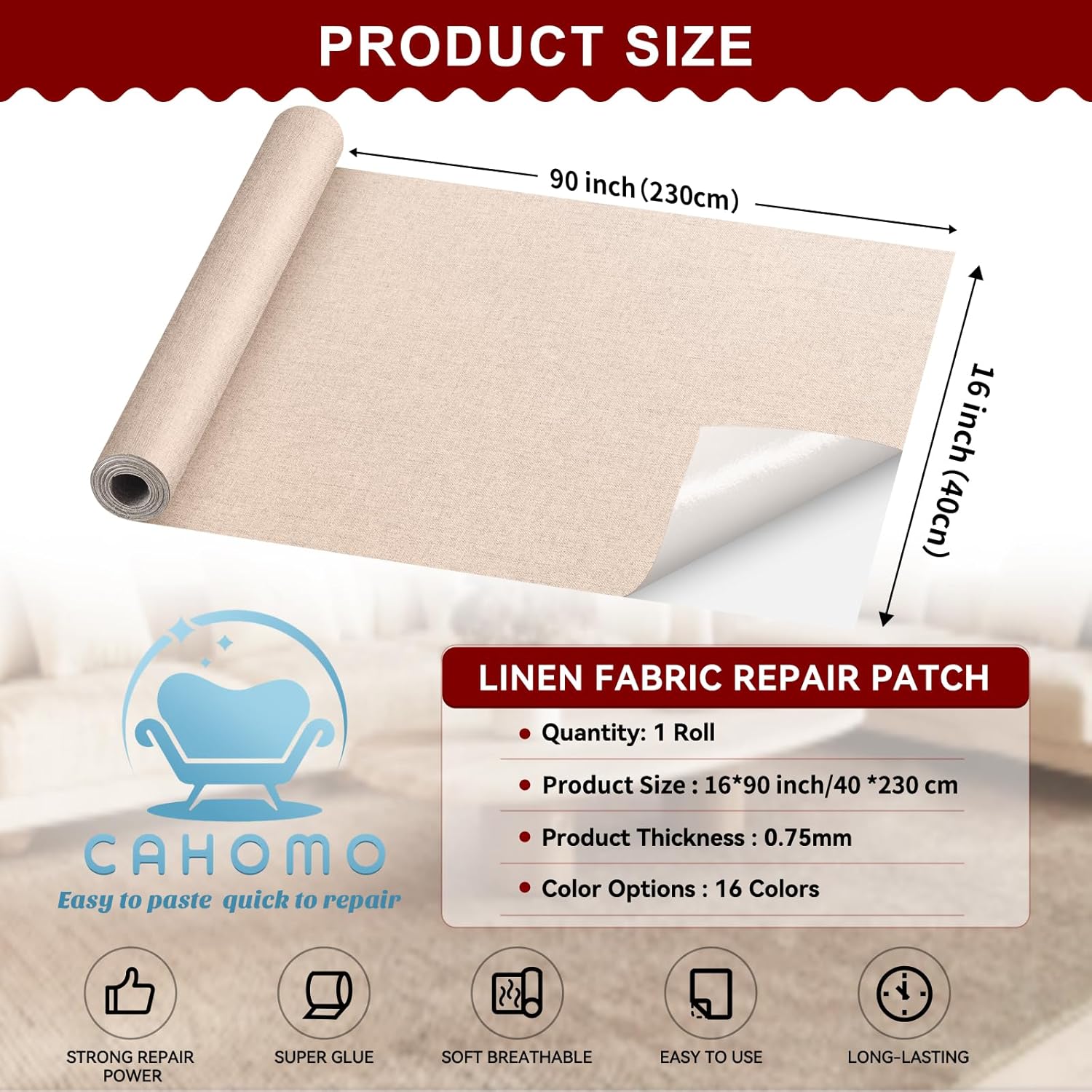 Linen Repair Tape 16x90 inch, Self Adhesive Fabric Patches, Linen Patch Tape Kit, Fabric Repair Tape for Couch Sofas, Headboards, Chairs, Pillows, Curtains, Couches - Beige White