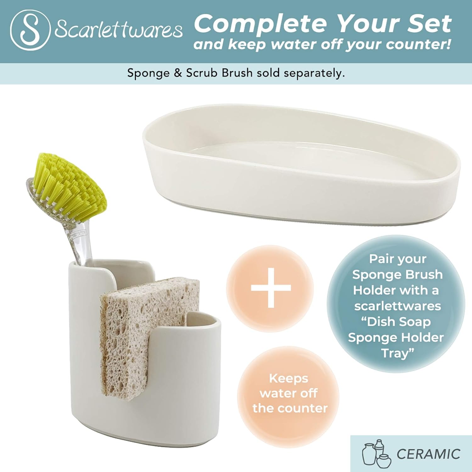 Kitchen Sink Caddy Dish Sponge Holder and Scrub Brush Dish Wand Holder Ceramic White Farmhouse Modern