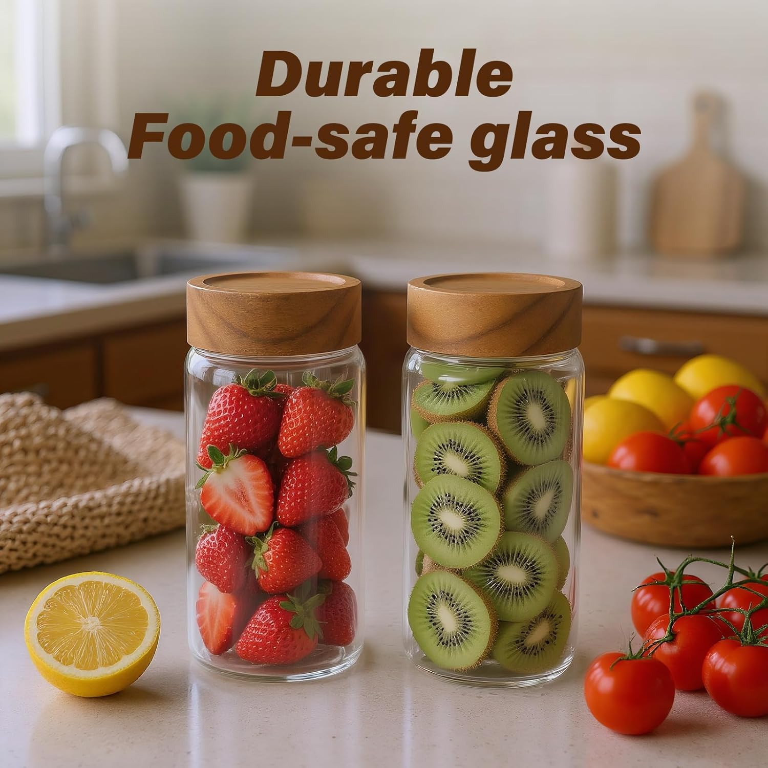 6 -Piece 13 oz Food-Grade Glass Mason Jars with Acacia Wood Lids, Sealable Waterproof, Transparent Easily Stackable for Overnight Oats, Spice Storage & Snack Organizing