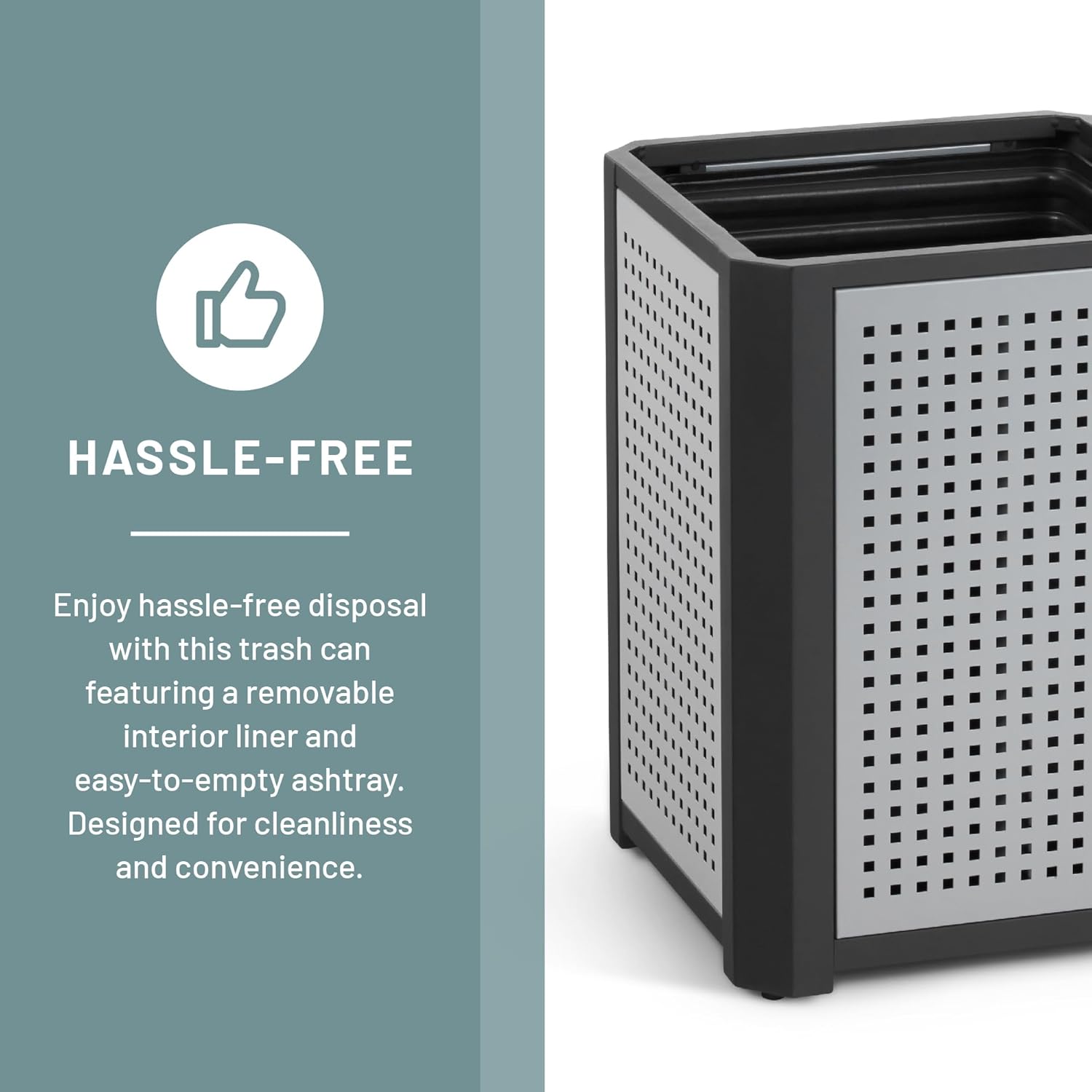 Safco Evos Steel Trash Can, 15 Gallons, Indoor and Outdoor Use, Heavy Duty Garbage Can with Plastic Liner and Ashtray