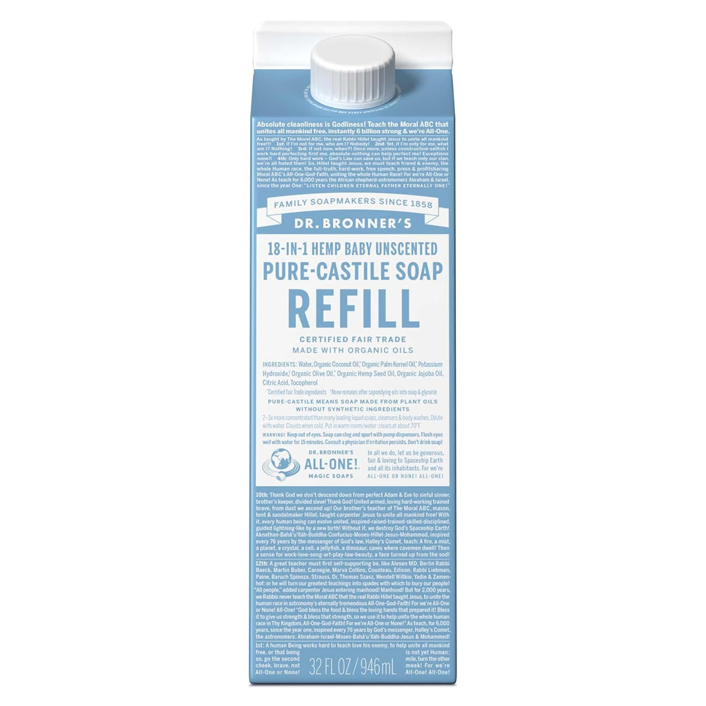 Dr. Bronner's Pure-Castile Liquid Soap Refill - Made with Regenerative Organic Certified Oils, 86% Less Plastic - 18-in-1 Uses, For Face, Body Wash, Hand Soap Refill & More - Baby Unscented, 32oz