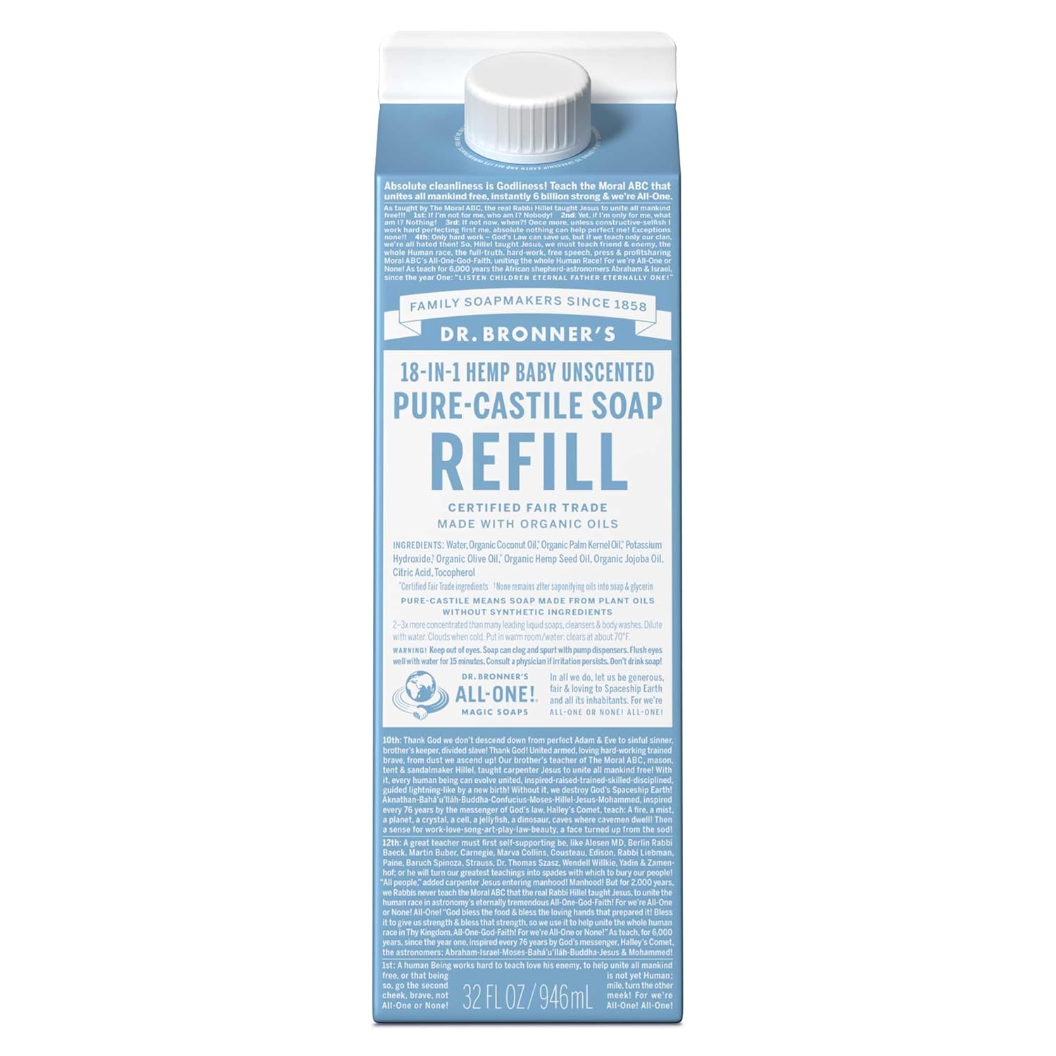 Dr. Bronner's Pure-Castile Liquid Soap Refill - Made with Regenerative Organic Certified Oils, 86% Less Plastic - 18-in-1 Uses, For Face, Body Wash, Hand Soap Refill & More - Baby Unscented, 32oz